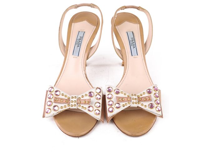 Prada Nude Patent Leather Crystal Studded Bow Slingback Sandals - view 2