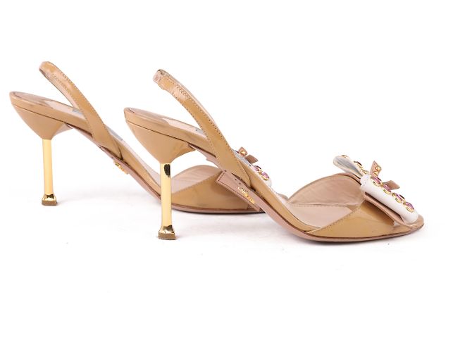 Prada Nude Patent Leather Crystal Studded Bow Slingback Sandals - view 5