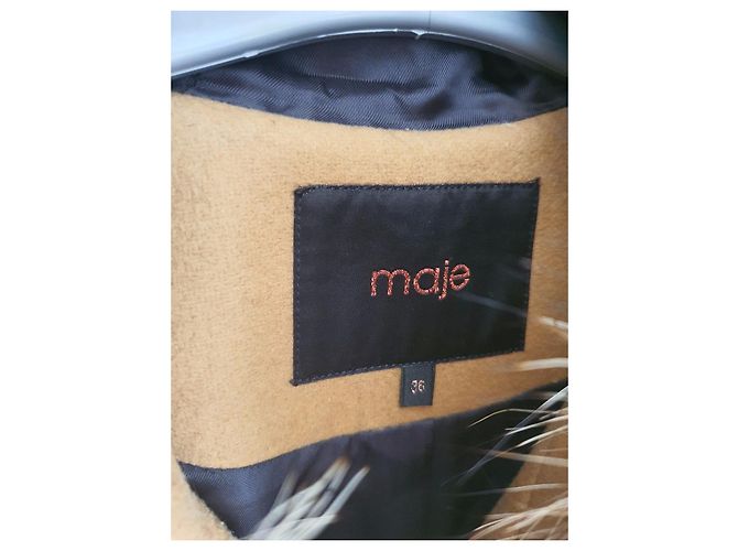 Abrigo Maje de cuero y lana con capucha de pelo marrón Castaño Marrón claro - vista 2