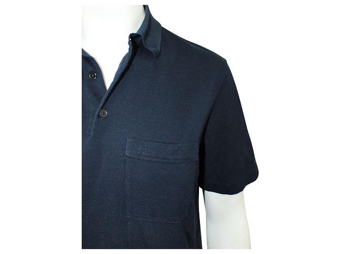 Hermès Navy Blue H Embroidered Buttoned Polo Shirt - view 5