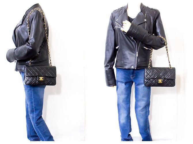 Chanel 2.55 lembo foderato 9" Borsa a tracolla con catena in pelle di agnello nera oro Nero - vista 12