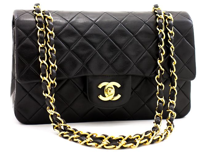 Chanel 2.55 lembo foderato 9" Borsa a tracolla con catena in pelle di agnello nera oro Nero - vista 2