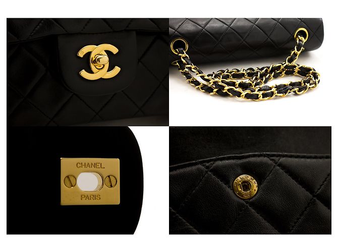 Chanel 2.55 lembo foderato 9" Borsa a tracolla con catena in pelle di agnello nera oro Nero - vista 7