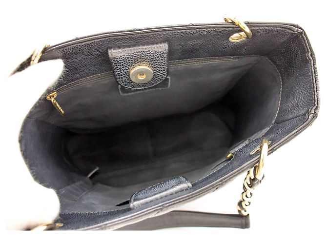 CHANEL Caviar PST Chain Shoulder Bag Compras Tote Preto Acolchoado - vista 10