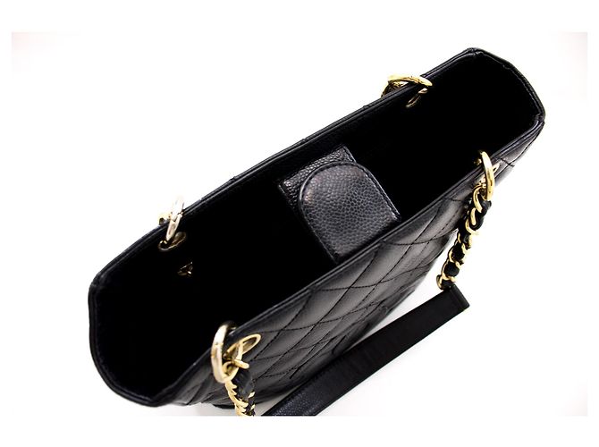 CHANEL Caviar PST Chain Shoulder Bag Compras Tote Preto Acolchoado - vista 11