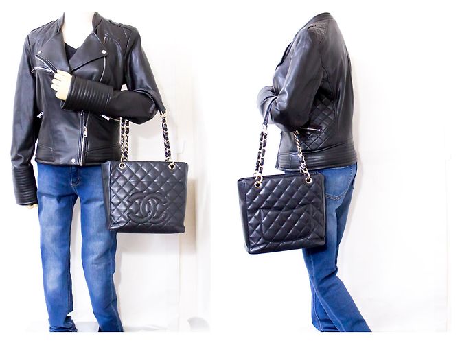 CHANEL Caviar PST Chain Shoulder Bag Compras Tote Preto Acolchoado - vista 12
