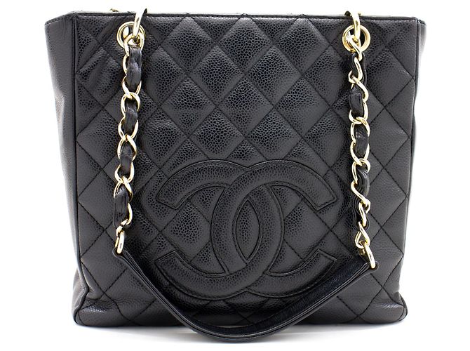 CHANEL Caviar PST Chain Shoulder Bag Compras Tote Preto Acolchoado - vista 2