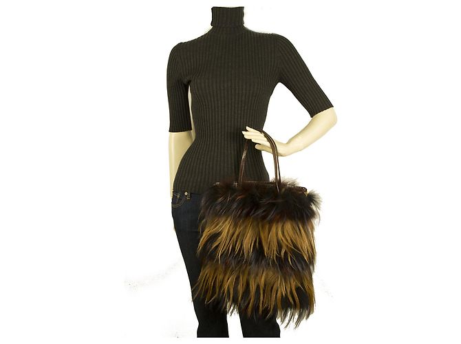Fendi Langhaar Fuchs Gestreiftes Fell Braunes Leder Schulter Eimer Tote Bag Handtasche - Ansicht 8
