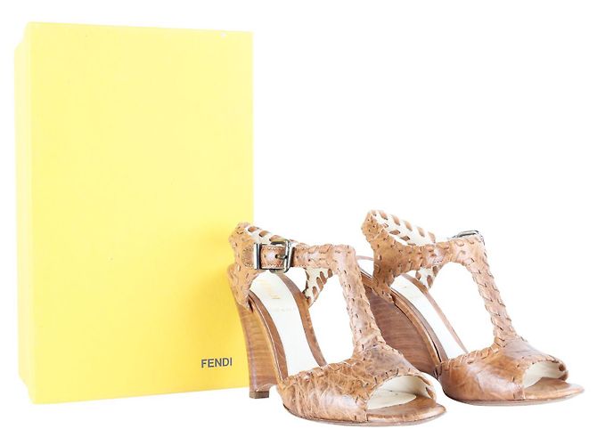 Fendi Compensées en bois cousues à la main en cuir marron - vue 7