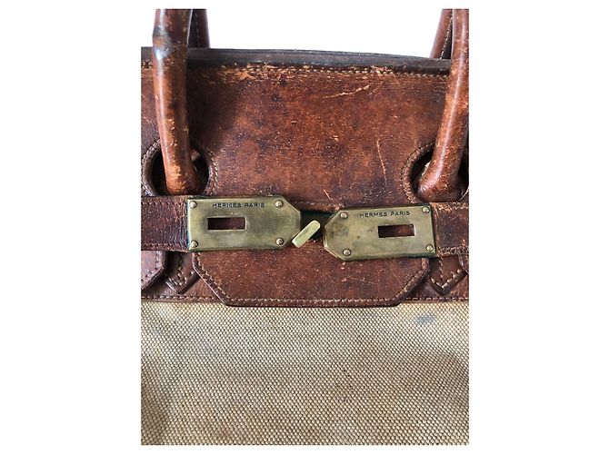Haut à courroies Borsa Hermès HAC 50 In tela e pelle marrone Beige - vista 13