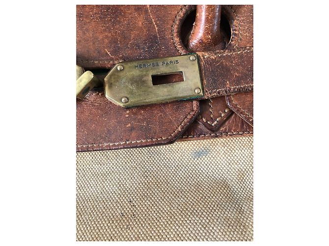 Haut à courroies Borsa Hermès HAC 50 In tela e pelle marrone Beige - vista 14