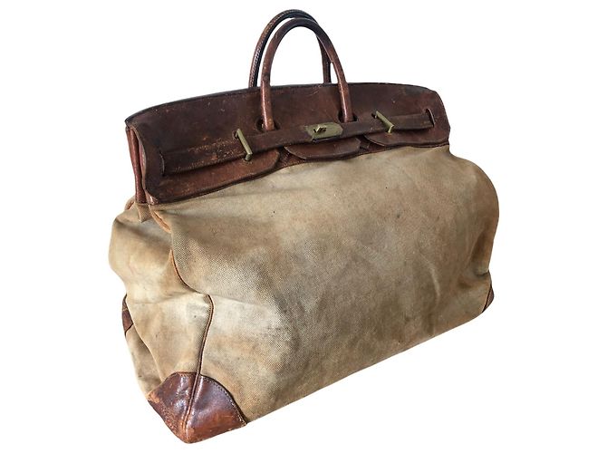 Haut à courroies Borsa Hermès HAC 50 In tela e pelle marrone Beige - vista 2