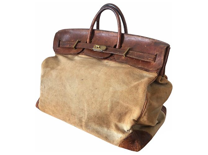 Haut à courroies Borsa Hermès HAC 50 In tela e pelle marrone Beige - vista 3