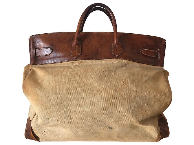 Haut à courroies Borsa Hermès HAC 50 In tela e pelle marrone Beige - vista 4