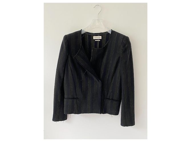 Isabel Marant Etoile giacca corta in lana a righe blu navy e kaki - vista 6
