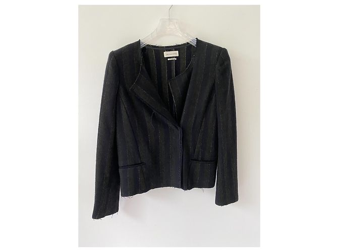 Isabel Marant Etoile giacca corta in lana a righe blu navy e kaki - vista 8