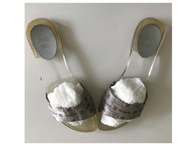 Mule Chanel con logo CC Nere e Grigie in Raso e Pelle Nero Grigio - vista 14
