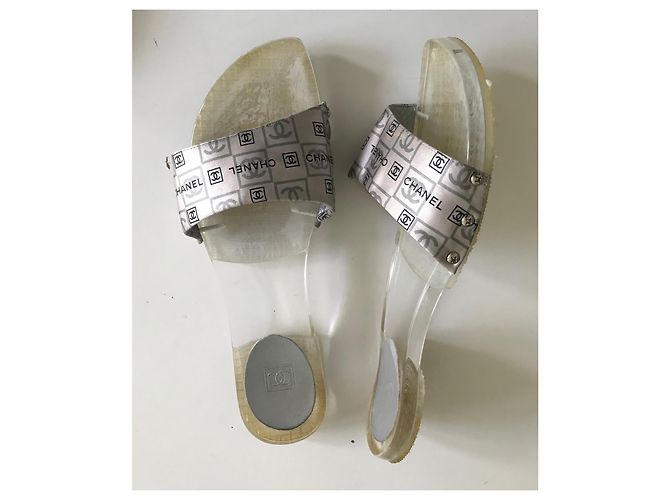 Mule Chanel con logo CC Nere e Grigie in Raso e Pelle Nero Grigio - vista 4