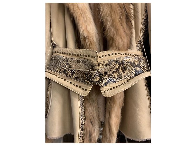 Abrigo corto Roberto Cavalli beige de piel y piel de serpiente - vista 2