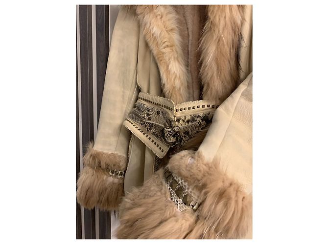 Abrigo corto Roberto Cavalli beige de piel y piel de serpiente - vista 6