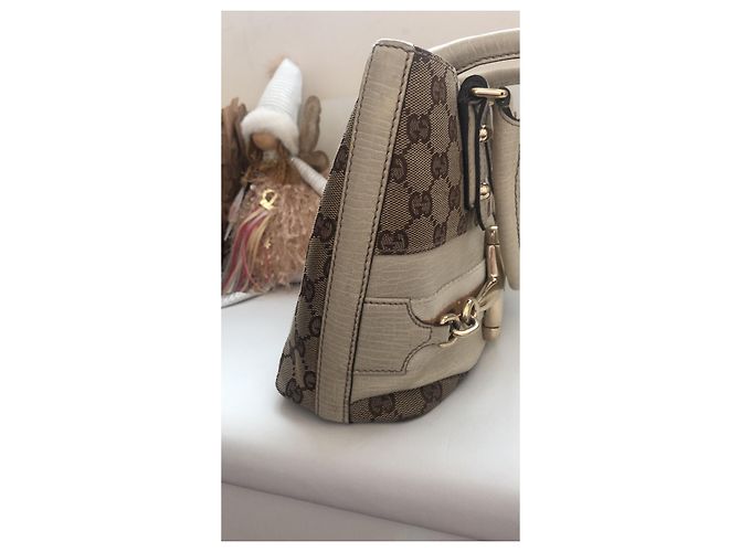 Bolsa Gucci bege de couro e tecido com metal dourado - vista 7