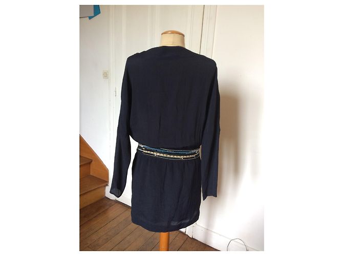 Swildens Kleid aus blauem Viskose-Crêpe mit Perlengürtel Marineblau - Ansicht 4