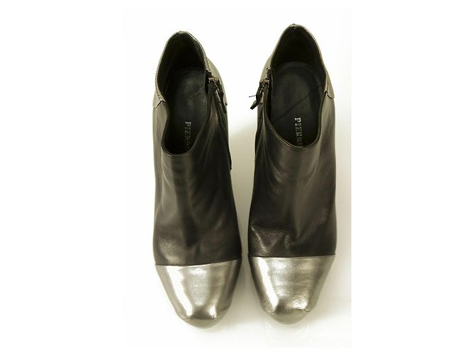 Pierre Balmain Schwarz Leder & Silberne Keil-Plattform Ankle Boot Booties Schuhe 40 Silber Hardware - Ansicht 5