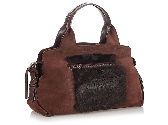 Salvatore Ferragamo Ferragamo Gancini Borsa a Mano Scamosciata Marrone - vista 2