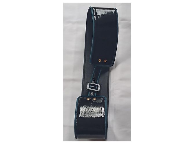 Cintura larga Yves Saint Laurent in vernice nera e blu ottanio Nero - vista 4