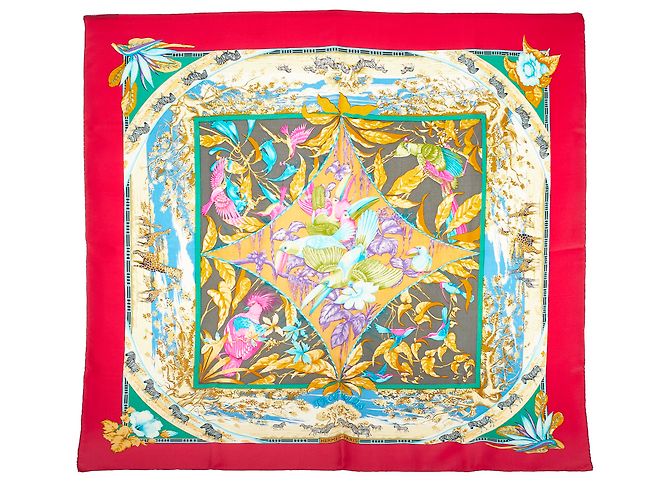 Hermès Sciarpa di seta rossa Hermes Tropiques Rosso - vista 5