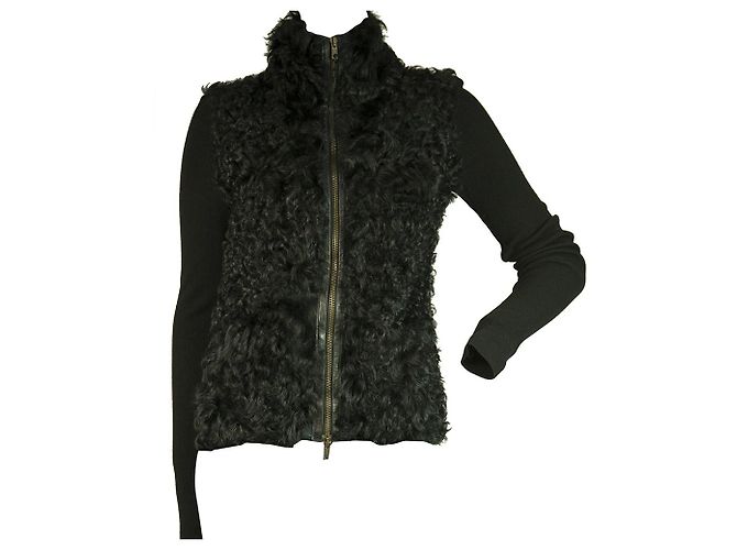 Twin Set Simona Barbieri Schwarzer Hammelfell-Strickjacke aus Wolle vorne Gr 42 - view 6