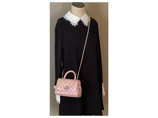 Chanel Manico Mini Coco Catena Iridescente Rosa Chiaro Caviale Argento - vista 11