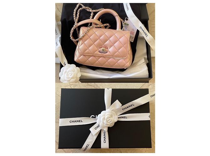 Chanel Manico Mini Coco Catena Iridescente Rosa Chiaro Caviale Argento - vista 12