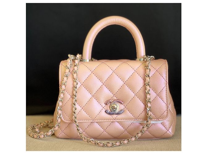 Chanel Manico Mini Coco Catena Iridescente Rosa Chiaro Caviale Argento - vista 13
