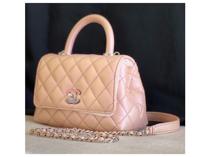 Chanel Manico Mini Coco Catena Iridescente Rosa Chiaro Caviale Argento - vista 2