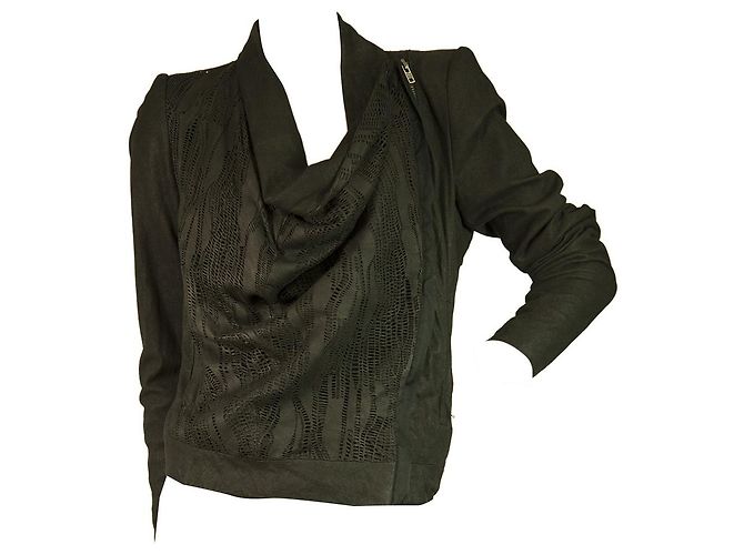 Helmut Lang Schwarze Perforierte Lederjacke mit seitlichem Reißverschluss und Wasserfallausschnitt Größe S - Ansicht 6