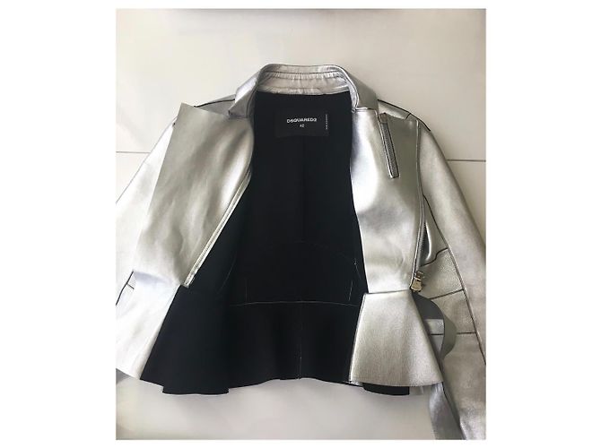 Dsquared2 Godet Hem Belted Leather Biker Jacket Silver Metallic - view 6