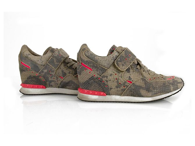 Ash Baskets en cuir gris cendré motif peau de serpent à bordure rose Baskets compensées Chaussures 40 - vue 7