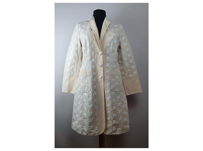 Americana Abrigo Largo Blumarine Beige Bordado Floral Algodón - vista 2