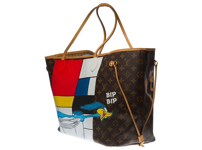 Hervorragende Louis Vuitton Neverfull GM Tote aus individuellem Monogramm Canvas "Bip Bip le Coyotte" Braun - Ansicht 2