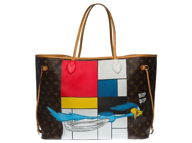 Hervorragende Louis Vuitton Neverfull GM Tote aus individuellem Monogramm Canvas "Bip Bip le Coyotte" Braun - Ansicht 3