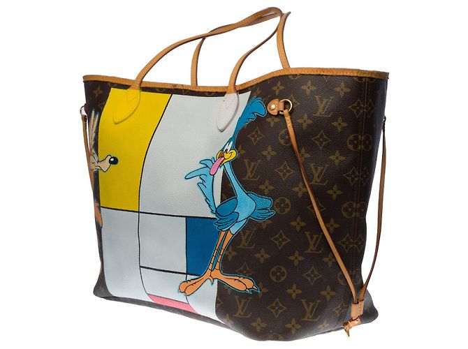 Hervorragende Louis Vuitton Neverfull GM Tote aus individuellem Monogramm Canvas "Bip Bip le Coyotte" Braun - Ansicht 5