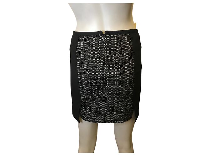 The Kooples Falda jaspeada con aplicación de piel de cordero Negro Blanco - vista 2