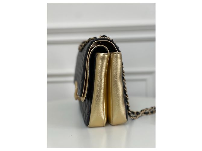 Executive Borsa Chanel Session in pelle nera metallizzata Nero D'oro Metallico - vista 2