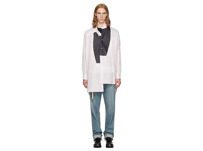 Camicia Loewe oversize asimmetrica in cotone a righe e pelle Nero Rosso Multicolore Crudo Crema Bianco sporco - vista 3
