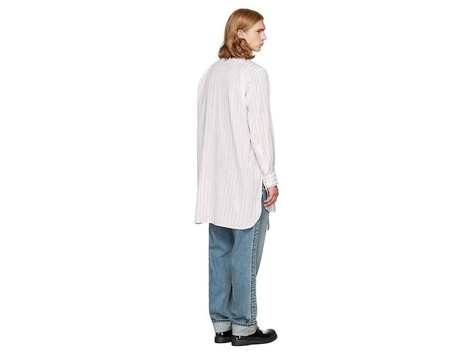 Camicia Loewe oversize asimmetrica in cotone a righe e pelle Nero Rosso Multicolore Crudo Crema Bianco sporco - vista 7