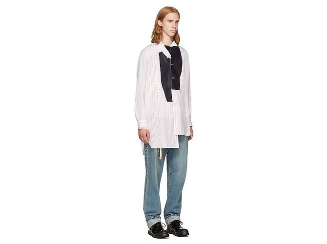 Camicia Loewe oversize asimmetrica in cotone a righe e pelle Nero Rosso Multicolore Crudo Crema Bianco sporco - vista 8