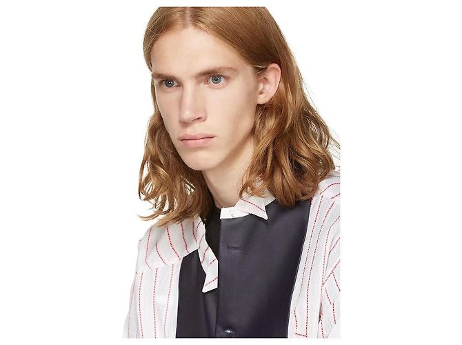 Camicia Loewe oversize asimmetrica in cotone a righe e pelle Nero Rosso Multicolore Crudo Crema Bianco sporco - vista 9