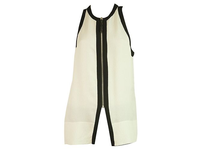 Helmut Lang Ivory & Black Long Silk Blouse Sleeveless Top Front Zip Size S/P White - view 6