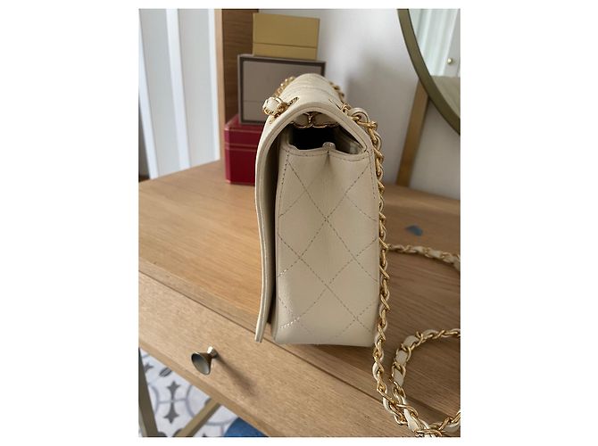 Chanel Mademoiselle Borsa a mano in pelle beige oro Gold hardware - vista 19